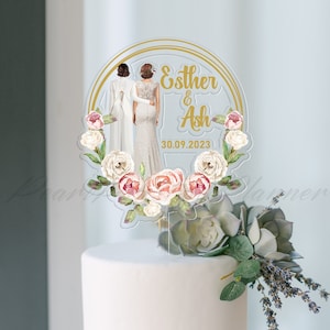 Pink Rose LGBT Wedding Cake Topper, Lesbian Cake Topper, Bride & Bride Cake Decor, Classic Love Cake Sign, Themed Floral Cake Topper