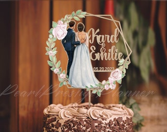 Couple Silhouette Cake Topper, Boho Wedding Cake Decor, Custom Anniversary Cake Ornament, Personalized Name Cake Sign