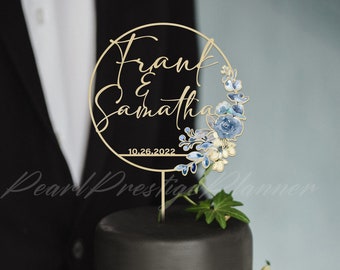 Blaue Hochzeit Blumentortendeko, Paar Name Verlobung Tortendeko, Kranz 1. Jahrestag Cake Topper