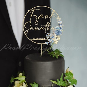 Blue Wedding Floral Cake Topper, Couple Name Engagement Cake Ornament, Wreath 1st Anniversary Cake Topper