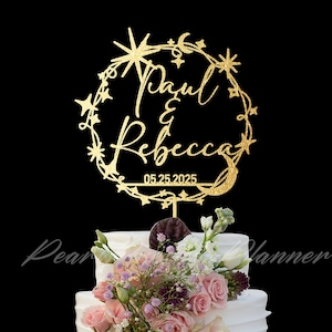 Moon and Star Cake Topper, Mr and Mrs Cake Topper for Wedding, Celestial Cake Ornament, Custom Wooden Cake Topper, Couple Gift