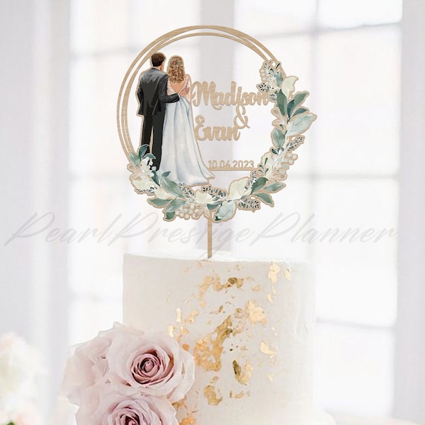 Décoration de gâteau de mariage verdure, décoration de gâteau silhouette couple, ornement de gâteau robe et costume, décoration de gâteau de fiançailles, cadeau personnalisé