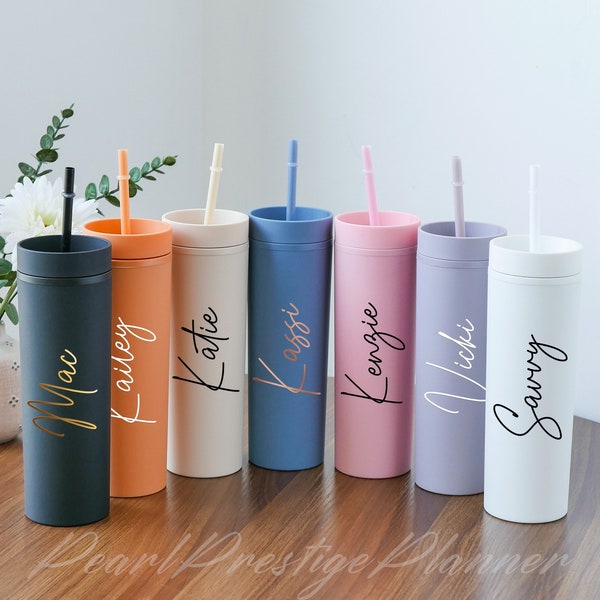 Personalized Colorful Matte Tumbler With Lid, Custom 16oz Skinny Matte Tumbler, Wedding Bridesmaid Tumbler with Straw