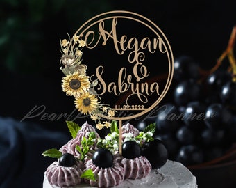 Sunflower Wedding Cake Topper, Décor de gâteau de mariage de jardin, Signe de mariage à thème avec nom de couple, Cadeau pour couple