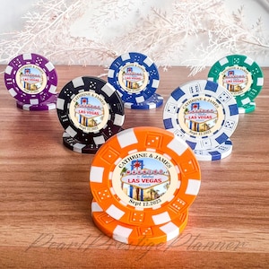 Las Vegas casino pokerchips, Vegas bruiloft pokerchips, full colour bedrukte pokerchips, trouwbedankjes, getrouwd in Las Vegas