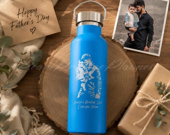 Engraved Water Bottle, Family Photo Engraved Tumbler, Father's Day Gift, Best Dad Ever Gift, Custom Name Cup