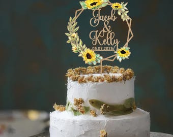 Spring Summer Wedding Party Decor, Sunflower Cake Topper, Custom Couple Name Cake Sign, 25th Anniversary Cake Topper
