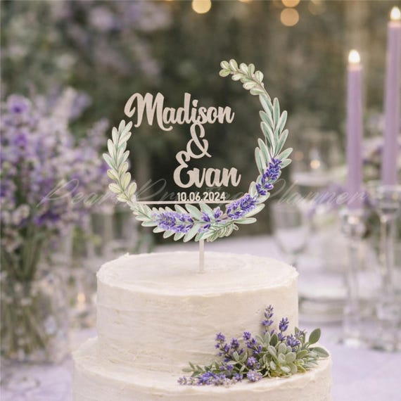 Lavender Wedding Cake Topper, Floral Cake Topper, Mr & Mrs Cake Toppers, Boho Wedding Cake Sign, Engagement Wood Cake Topper