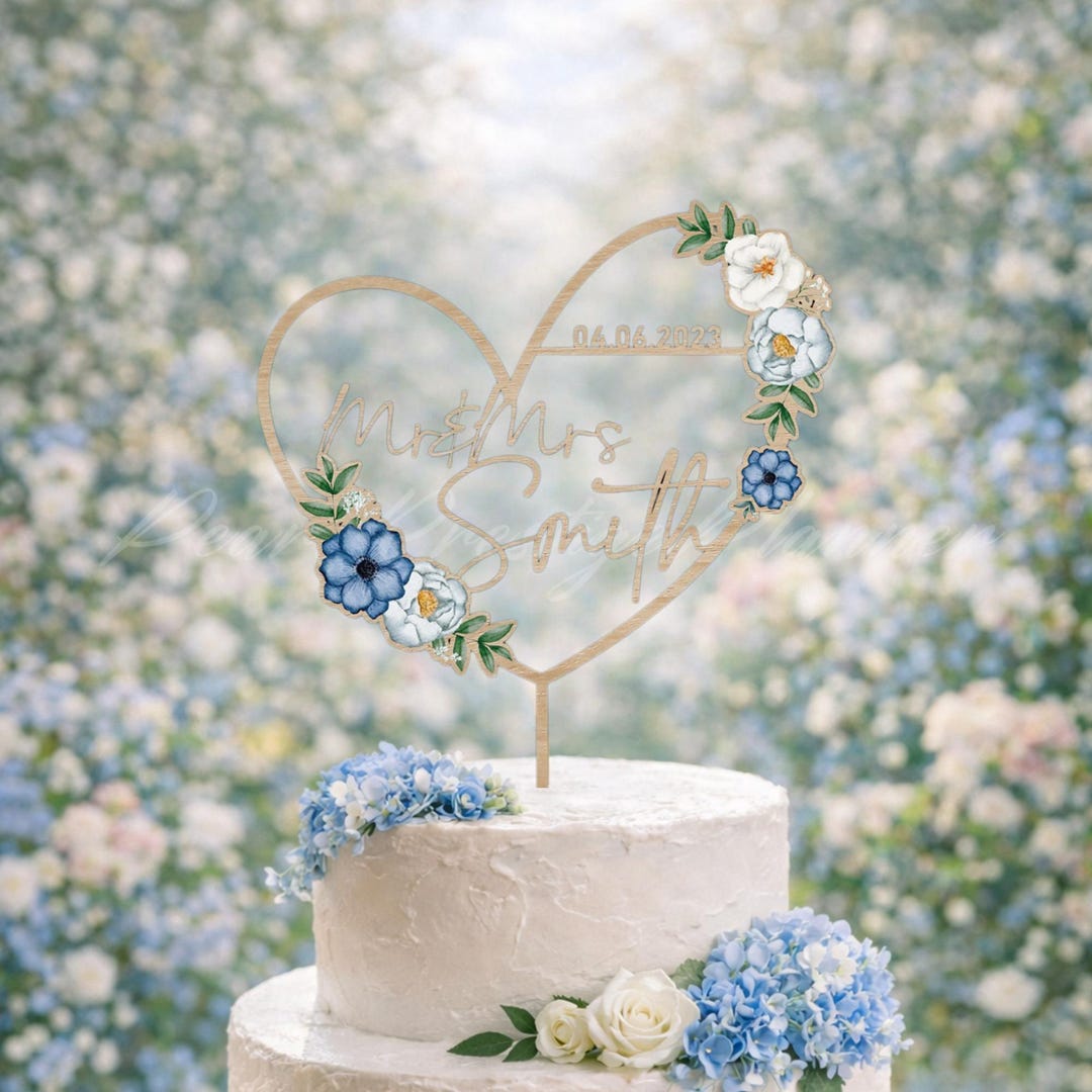 Blue Floral Cake Topper, Heart Wedding Cake Topper, Personalized Name ...