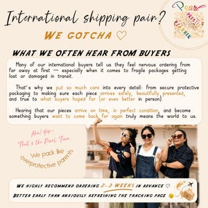 Puede incluir: Imagen con texto sobre env&iacute;os internacionales. El texto dice "We Gotcha" y destaca el embalaje seguro y la entrega puntual. La imagen incluye tres mujeres y la frase "We pack like overprotective parents".