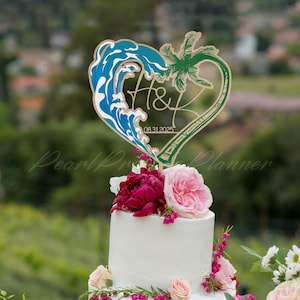 Travel Wedding Cake Topper, Custom Beach Wedding Cake Topper, Heart Wave & Palm Tree Cake Topper, Tropical Destination Wedding Decor