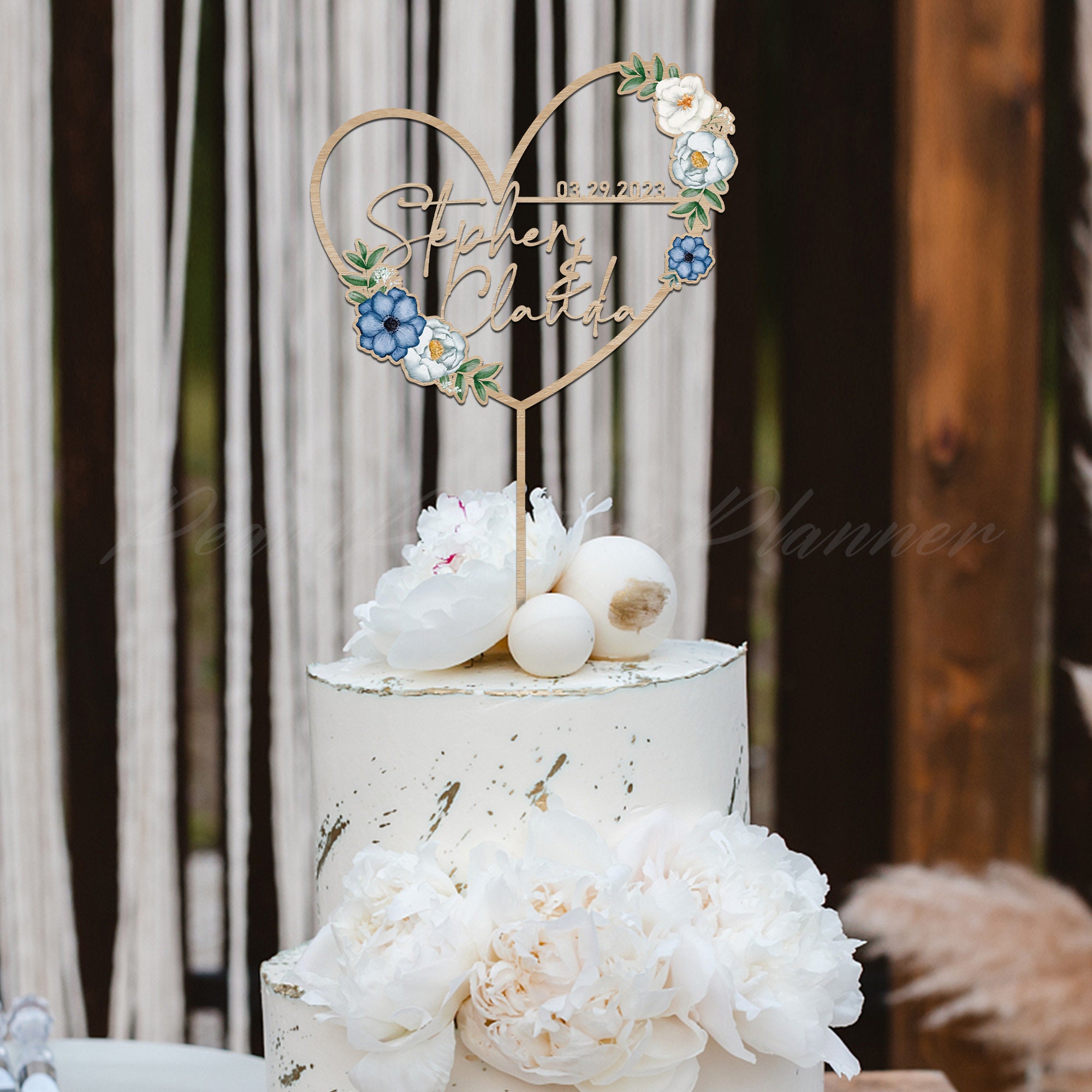 Blue Floral Cake Topper Heart Wedding Cake Topper Personalized Name blue-floral-cake-topper-heart-wedding-cake-topper-personalized-name