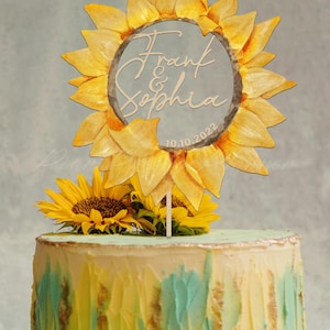 Topper per torta nuziale a forma di girasole, topper per torta con nome di coppia personalizzato, insegna per torta di compleanno a forma di girasole, articoli per feste, topper per torta a forma di margherita e girasole
