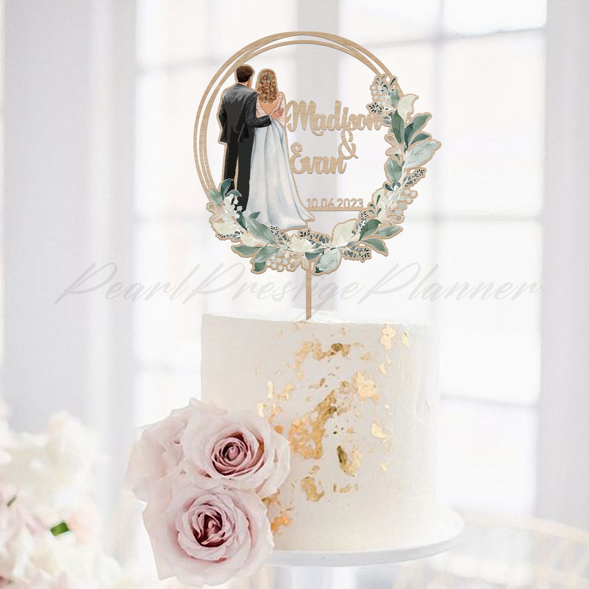 Greenery Wedding Cake Topper, Couple Silhouette Cake Sign, Dress & Suit Cake Ornament, Engagement Cake Topper, Personalized Gift