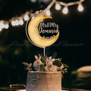 Moon and Star Wedding Cake Topper, Celestial Wedding Cake Topper, 25th Anniversary Cake Topper, Custom Mr Mrs Cake Topper