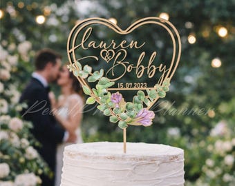 Heart Wedding Cake Topper, Floral Cake Topper, Custom Monogram Name Cake Sign, Garden Wedding Decor, Engagement Cake Topper