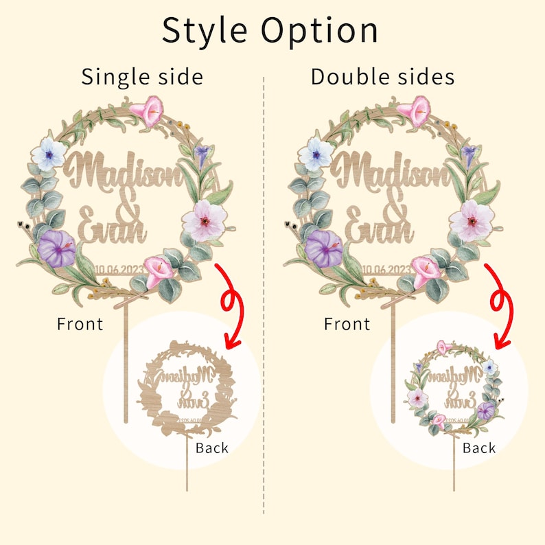 May include: Wooden wedding cake topper with floral wreath design. The topper features the names "Madison & Evan" and the date "10.06.2023". The image shows single and double-sided options. The text "Style Option" is at the top.