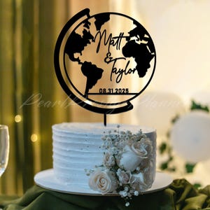 Décoration de gâteau de mariage, décoration de gâteau globe personnalisée, décoration de mariage à destination avec noms, décoration de gâteau de fiançailles, décoration de gâteau carte
