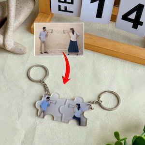Op de afbeelding: Een gepersonaliseerde sleutelhanger met twee puzzelstukjes. Elk stuk heeft een zilveren sleutelring en een foto van een stel dat via megafoons communiceert. Een uniek cadeau-idee.