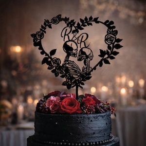 Schedel bruidstaarttopper, Til Death Do Us Part Keepsake, bruid en bruidegom skelettopper, cadeau 25e verjaardag, bord harttaart