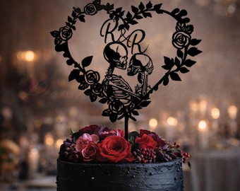 Skull Wedding Cake Topper, Til Death Do Us Part Keepsake, Bride and Groom Skeleton Topper, 25th Anniversary Gift, Heart Cake Sign
