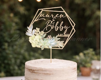 Succulent Lover Wedding Cake Topper, Personalized Name Cake Sign, Spring Summer Wedding Cake Topper, Engaged Cake Topper