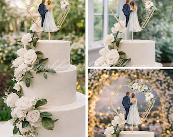 Custom Wedding Cake Topper, Personalized Hairstyle & Floral Wreath Cake Decor, Romantic Wooden Cake Topper