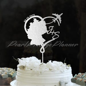 Décoration de gâteau de mariage de voyage, décoration de gâteau fiançailles, décoration de gâteau carte de l'Allemagne personnalisée, cadeau de mariage à destination, décoration de gâteau acrylique coeur doré