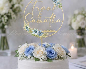 Adorno para tarta de boda en azul suave, decoración para tarta de boda con vegetación, adorno para tarta de cumpleaños con corona azul, decoración para boda de primavera y verano.