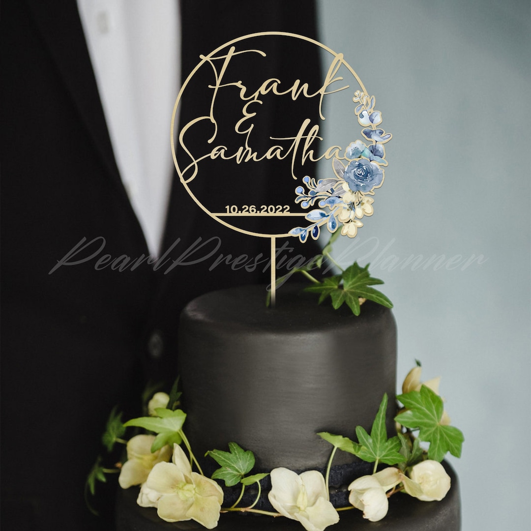 Blue Wedding Floral Cake Topper, Couple Name Engagement Cake Ornament ...