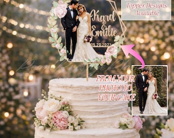 Custom Photo Wedding Cake Topper, Personalized Bride & Groom Cake Topper, 20 Wreath Designs Cake Topper, Unique Wedding Decor
