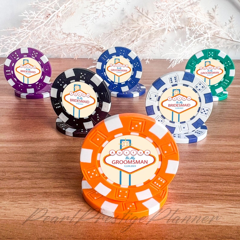 Pokermarker för bröllop i Las Vegas, pokermarker för marskalken i kasinot, present att vara min best man, frieripresent för brudtärnor, bröllopsgåvor bild 1