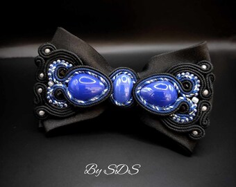 Elegant Black-Blue Handmade Wedding Bow Tie With Soutache Accent for Him