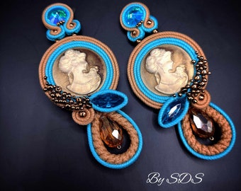 Elegant Soutache Earrings - Handcrafted Blue, Gold, and Beige Jewelry for a Stylish Boho Look