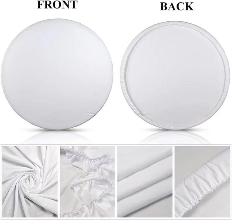 May include: White round fabric backdrop with a ruffled edge. The backdrop is shown from the front and back. The fabric is smooth and wrinkle-free.