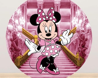 Toile de fond ronde Château de Minnie Mouse, décoration de fête d'anniversaire
