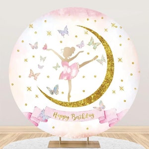 Ballerina Girl Round Backdrop Gold Moon And Stars Fairy Butterfly Dancing Girl Backdrop For Newborn Baby Shower Birthday Party Decor