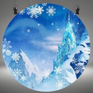 May include: A blue and white backdrop featuring a large ice castle with snow-covered mountains and snowflakes. The castle is made of ice and has a pointed roof. The mountains are covered in snow and have a white, fluffy texture. The snowflakes are scattered throughout the image and are white and blue.