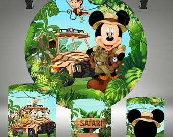 ミッキーマウスサファリ背景：ジャングルバースデーパーティーデコレーション