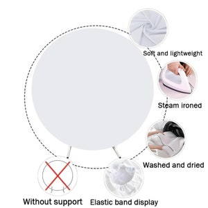 May include: White round backdrop for photography. The backdrop is soft and lightweight, can be steam ironed, and washed and dried. It has an elastic band for display and can be used without support.