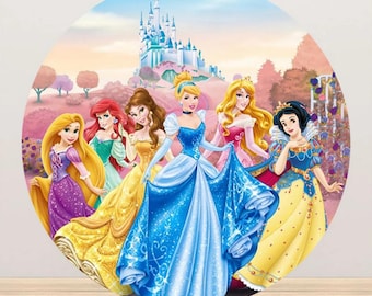Fondo redondo con castillo de princesas de dibujos animados: portada para fotos de fiesta de cumpleaños