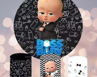 Fondo redondo de anime de Boss Baby para fiesta de cumpleaños, dibujos animados, nombre personalizado, baby shower, cubiertas de cilindros, decoración fotográfica