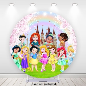 Little Princess In Castle Round Backdrop Disney Characters Circle Cover Fabric Elastic Photography Backdrop Background Birthday Party Decor