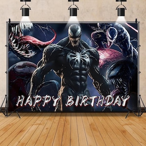 Fondo de feliz cumpleaños, pancarta de decoración para fiesta de la película Venom para niños, telón de fondo para fotomatón de superhéroe de Los Vengadores Oscuros, accesorios de fotografía