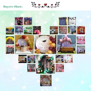 May include: A collage of images showcasing various balloon arches and backdrops for events. The images feature different colors, themes, and styles of balloon arches, including a graduation theme with the text "Congratulations Cathryn Class of 202", a pink and white baby shower theme, and a rustic wooden backdrop with green and brown balloons.