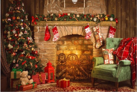 Xmas Holiday Party Home Decorations Backdrop Photography Photo Booth Studio Props Vinyl 7x5ft Fireplace Christmas Bear Stocking Tree Gift Table Supplies Photo Background Family Selfie