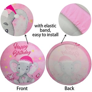 May include: Pink and gray round cake topper with an elephant wearing a Santa hat and the words "Happy Birthday". The topper has an elastic band for easy installation.