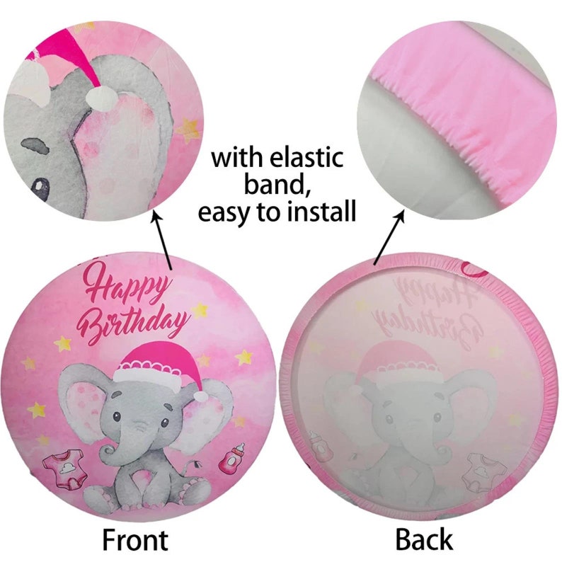 May include: Pink and gray round cake topper with an elephant wearing a Santa hat and the words "Happy Birthday". The topper has an elastic band for easy installation.