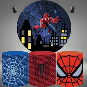 Spiderman Round Photography Backdrop Superhero Birthday Baby Shower Photo Background Night City Circle Photo Booth Props Cylinder Covers