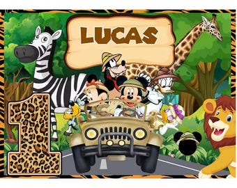 カスタムミッキーマウスサファリバースデー背景：ワイルドワンテーマ